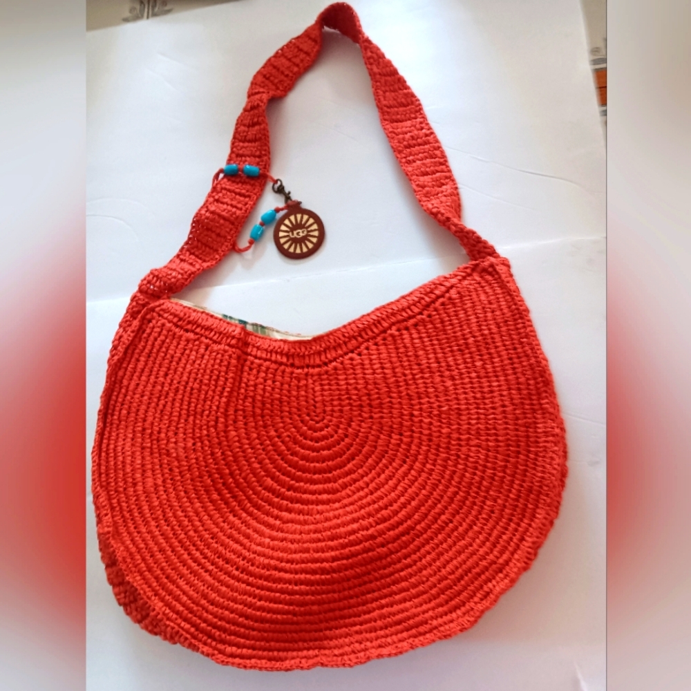 UGG XLARGE SHOULDER STRAP JUTE BAG, Measures 18 X 12 X 4", Coral